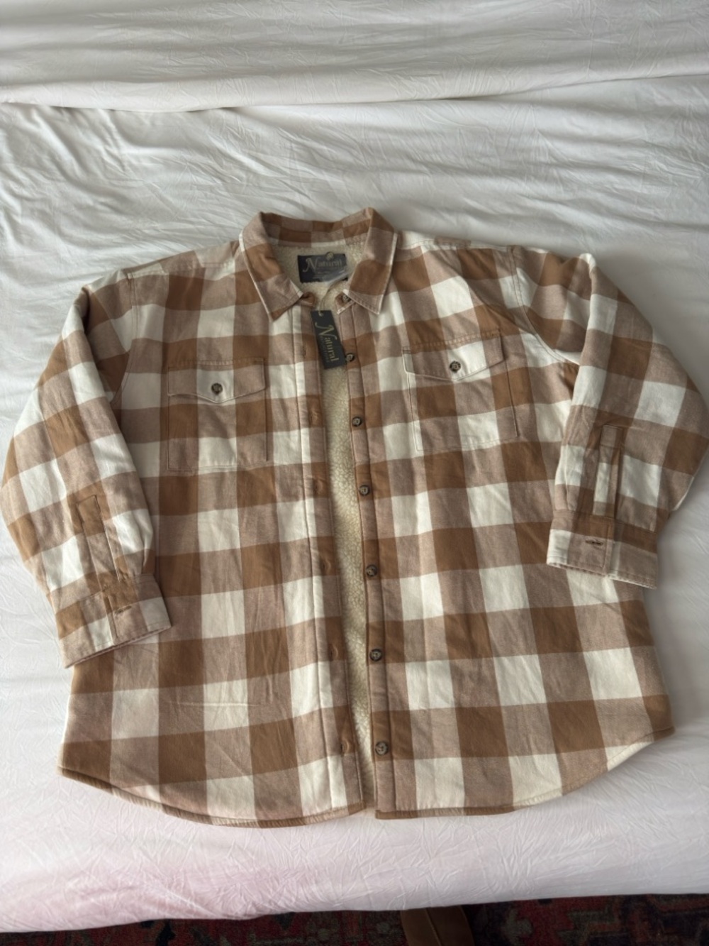 NWT Sherpa Lined Plaid Flannel Jacket XL Brown Cream Button Down Coat